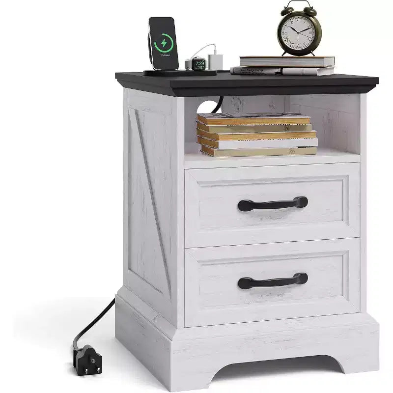 Farmhouse Bedside Table with 2 Drawers, Open Shelf, USB and Socket for Small Bedroom Space, 2 Pieces in a Set, Country Style