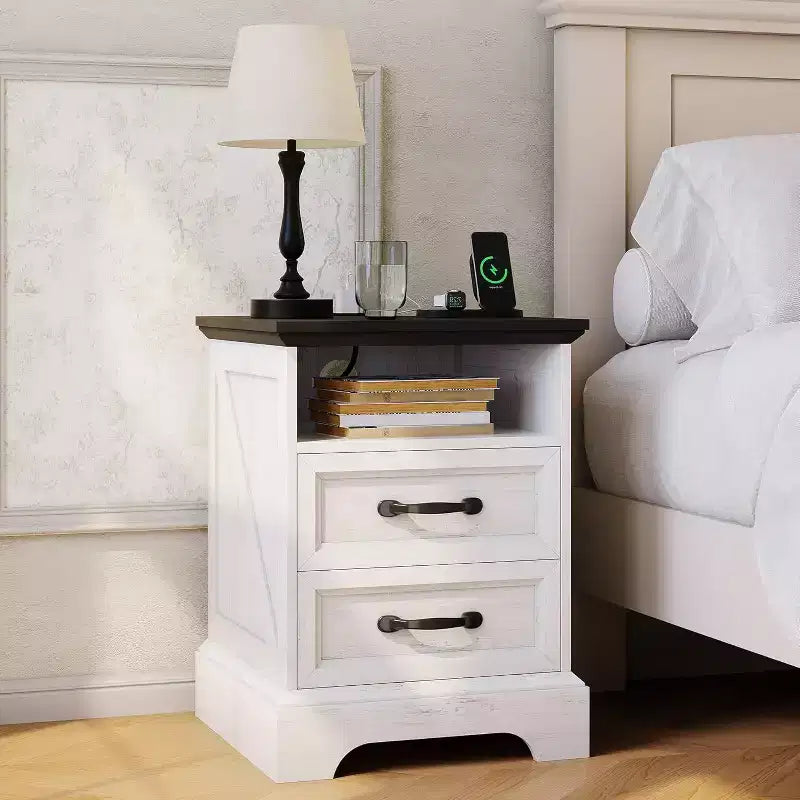 Table de chevet de ferme avec 2 tiroirs, étagère ouverte, port USB et prise pour petit espace de chambre, lot de 2, style rustique