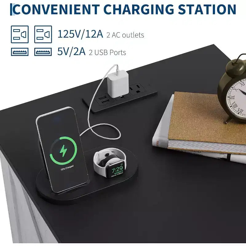 Table de chevet de ferme avec 2 tiroirs, étagère ouverte, port USB et prise pour petit espace de chambre, lot de 2, style rustique