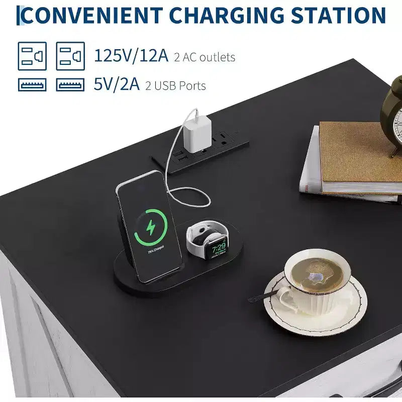 Table de chevet et d'appoint de style rustique de 24 pouces avec station de recharge et 3 grands tiroirs, petit espace, table d'appoint blanche, un paquet