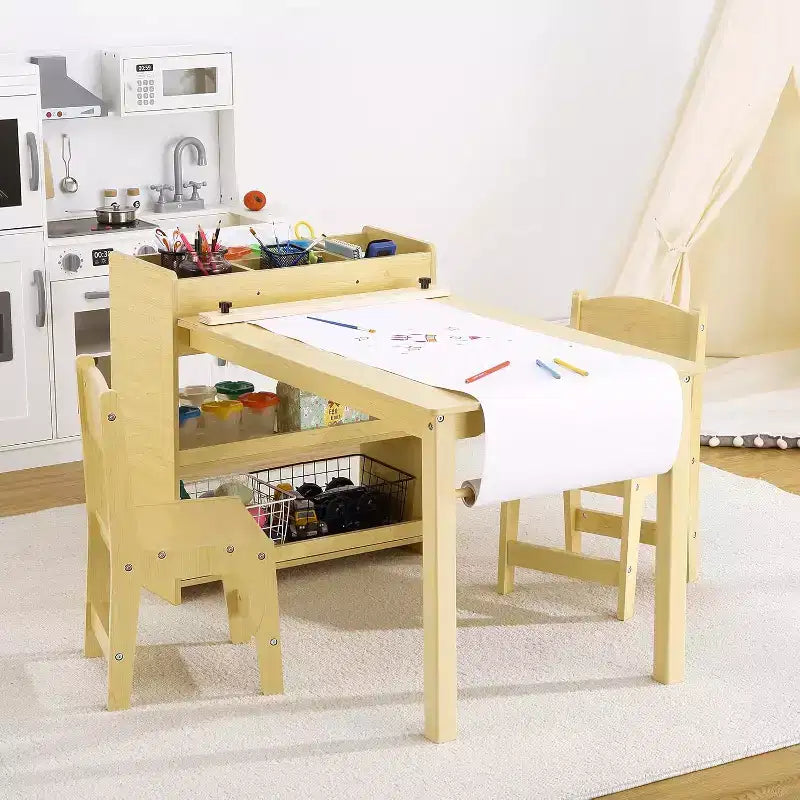 Table d'art pour enfants avec 2 chaises, bureau d'activités en bois pour tout-petits avec étagères de rangement, tables de bricolage pour enfants de 2 à 10 ans, table à dessin d'activités