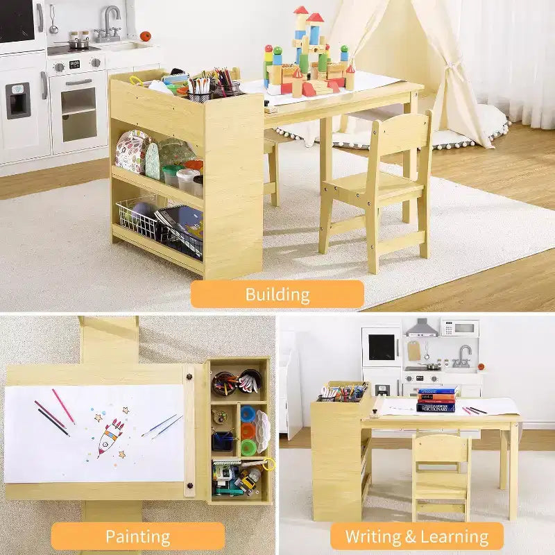 Table d'art pour enfants avec 2 chaises, bureau d'activités en bois pour tout-petits avec étagères de rangement, tables de bricolage pour enfants de 2 à 10 ans, table à dessin d'activités