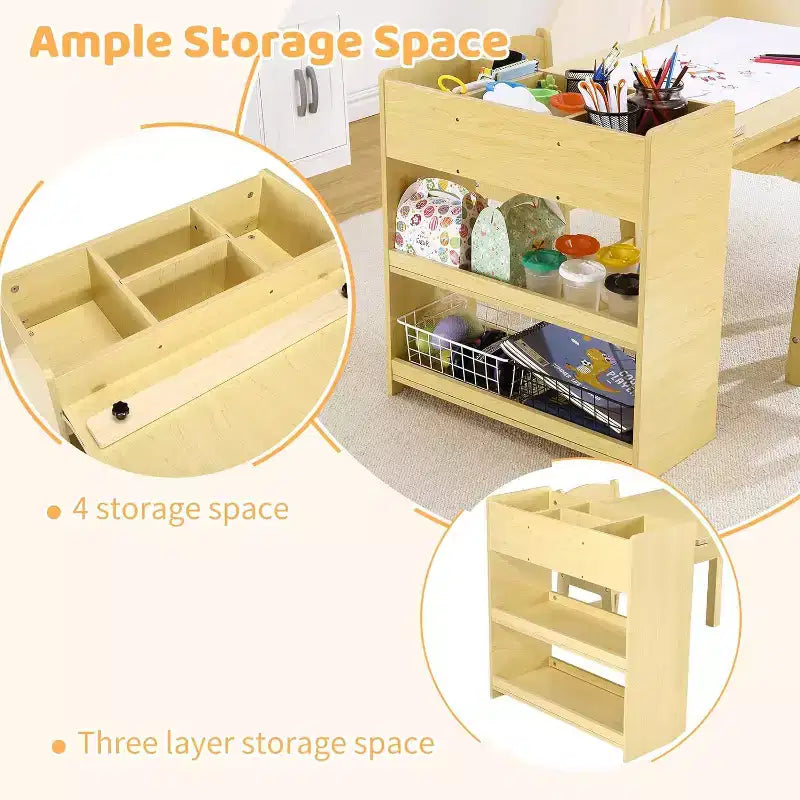 Table d'art pour enfants avec 2 chaises, bureau d'activités en bois pour tout-petits avec étagères de rangement, tables de bricolage pour enfants de 2 à 10 ans, table à dessin d'activités