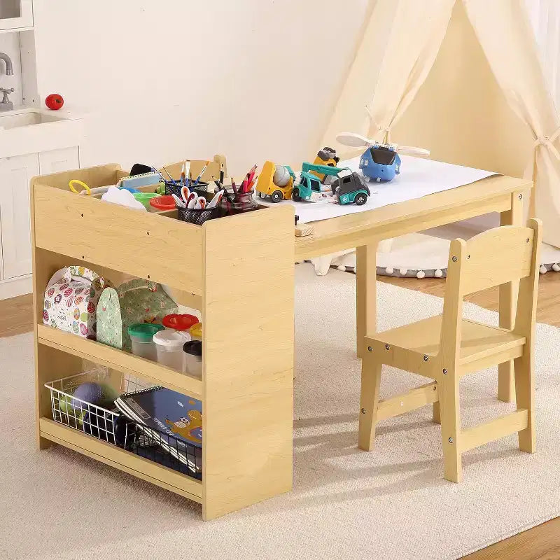 Table d'art pour enfants avec 2 chaises, bureau d'activités en bois pour tout-petits avec étagères de rangement, tables de bricolage pour enfants de 2 à 10 ans, table à dessin d'activités