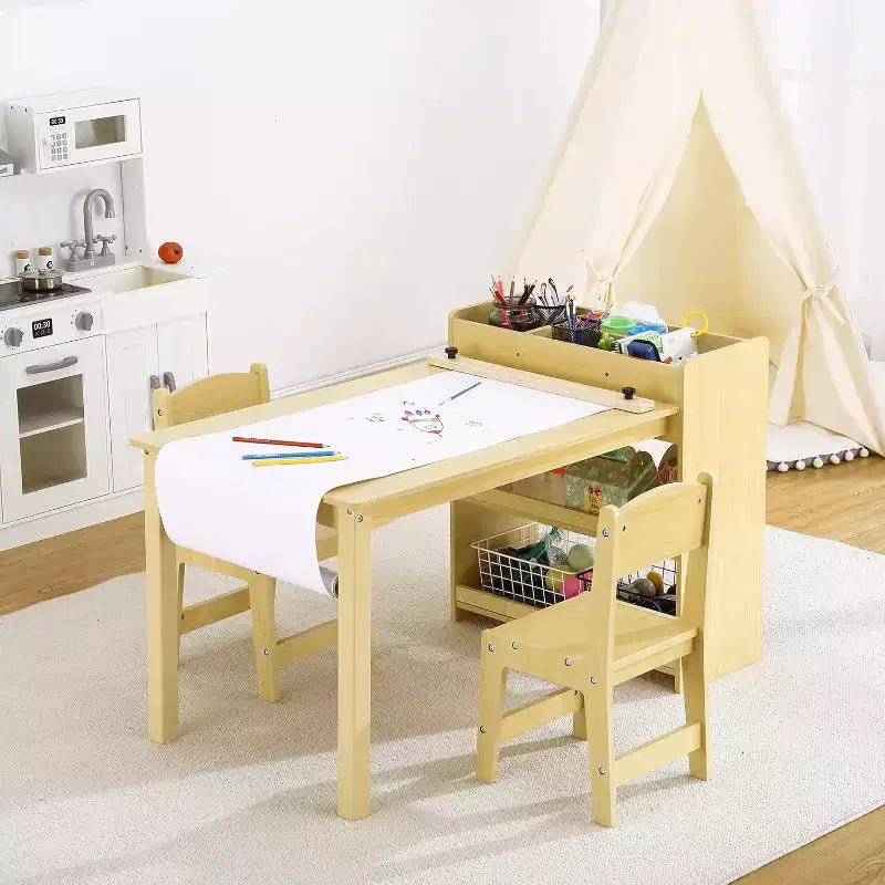 Table d'art pour enfants avec 2 chaises, bureau d'activités en bois pour tout-petits avec étagères de rangement, tables de bricolage pour enfants de 2 à 10 ans, table à dessin d'activités
