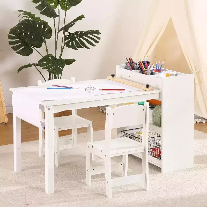 Table d'art pour enfants avec 2 chaises, bureau d'activités en bois pour tout-petits avec étagères de rangement, tables de bricolage pour enfants de 2 à 10 ans, table à dessin d'activités