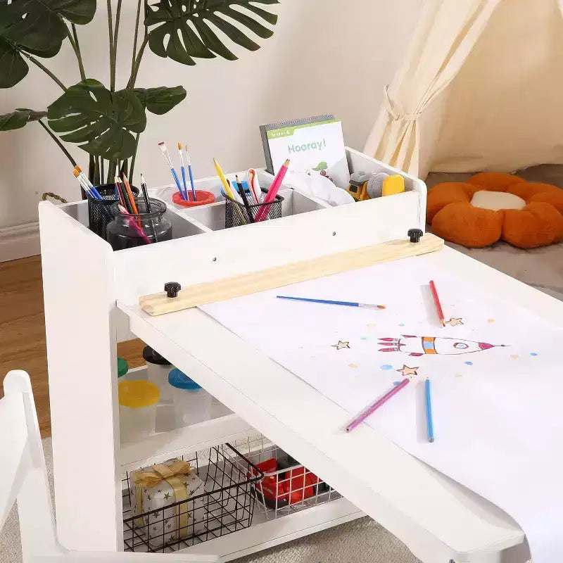 Table d'art pour enfants avec 2 chaises, bureau d'activités en bois pour tout-petits avec étagères de rangement, tables de bricolage pour enfants de 2 à 10 ans, table à dessin d'activités