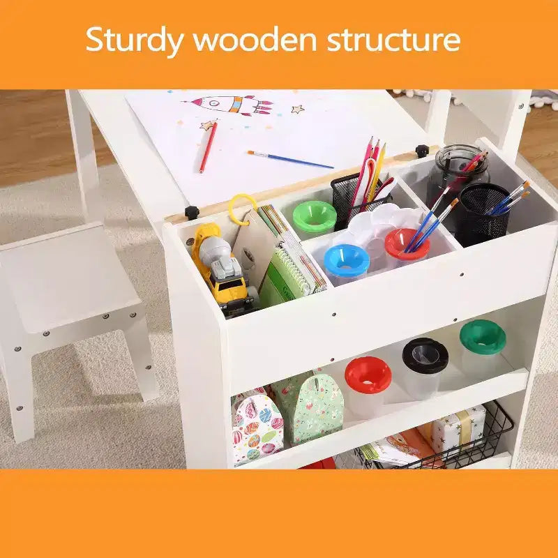 Table d'art pour enfants avec 2 chaises, bureau d'activités en bois pour tout-petits avec étagères de rangement, tables de bricolage pour enfants de 2 à 10 ans, table à dessin d'activités