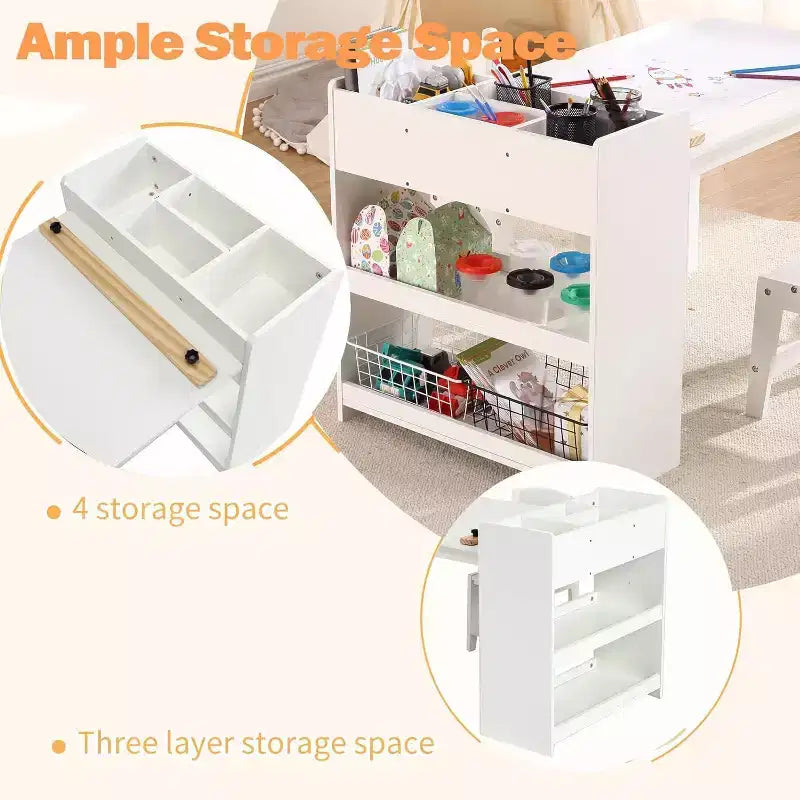 Table d'art pour enfants avec 2 chaises, bureau d'activités en bois pour tout-petits avec étagères de rangement, tables de bricolage pour enfants de 2 à 10 ans, table à dessin d'activités