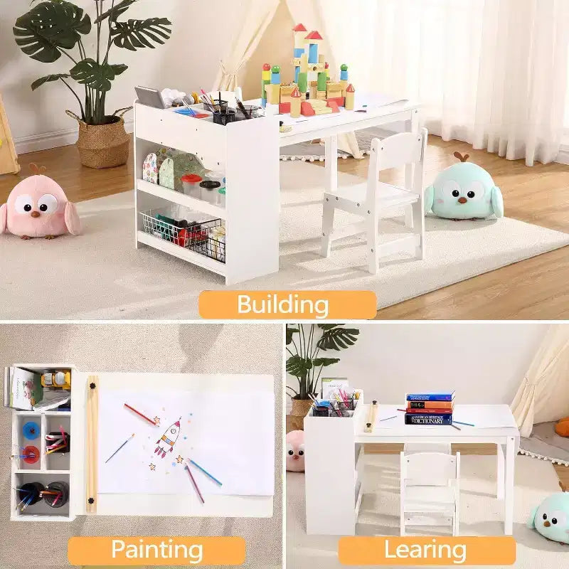 Table d'art pour enfants avec 2 chaises, bureau d'activités en bois pour tout-petits avec étagères de rangement, tables de bricolage pour enfants de 2 à 10 ans, table à dessin d'activités