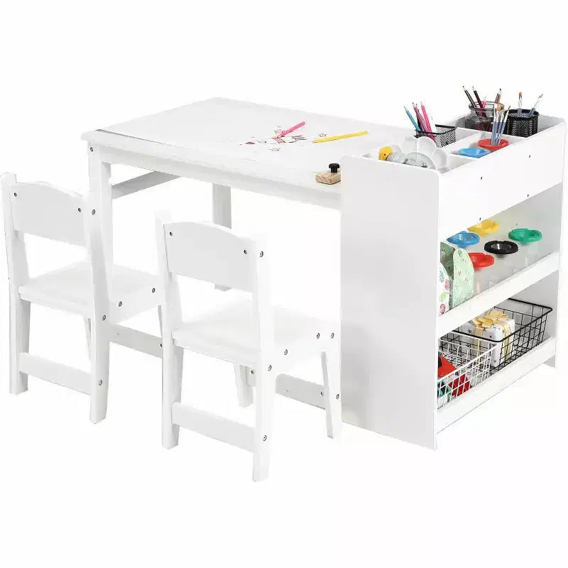 Kids Art Table with 2 Chairs Set, Wooden Toddler Craft Desk with Storage Shelves,Kids Craft Tables for Ages 2-10, Activity Drawing Table