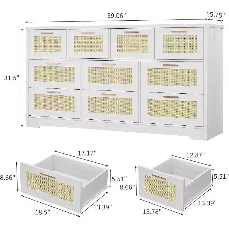 Commode Acekool en rotin à 10 tiroirs, commode de style ferme moderne de 150 cm de large, organisateur de rangement pour chambre, salon, entrée