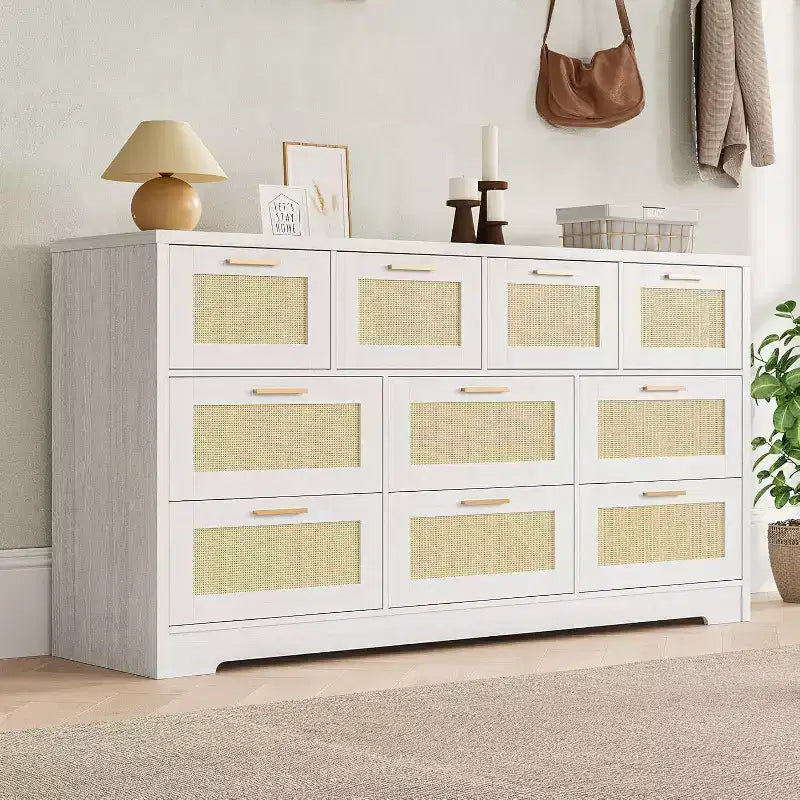 Commode Acekool en rotin à 10 tiroirs, commode de style ferme moderne de 150 cm de large, organisateur de rangement pour chambre, salon, entrée