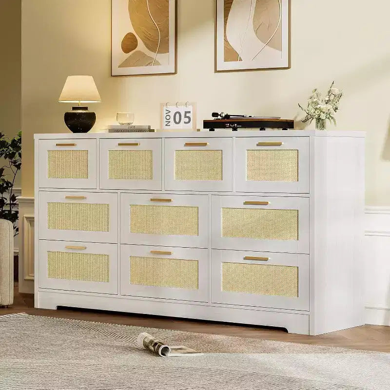 Commode Acekool en rotin à 10 tiroirs, commode de style ferme moderne de 150 cm de large, organisateur de rangement pour chambre, salon, entrée