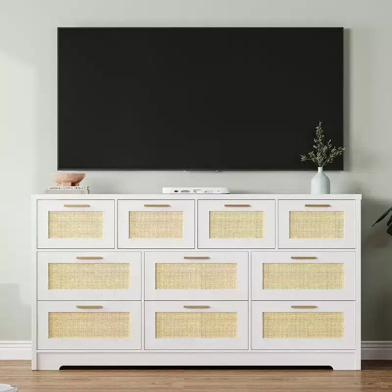 Commode Acekool en rotin à 10 tiroirs, commode de style ferme moderne de 150 cm de large, organisateur de rangement pour chambre, salon, entrée