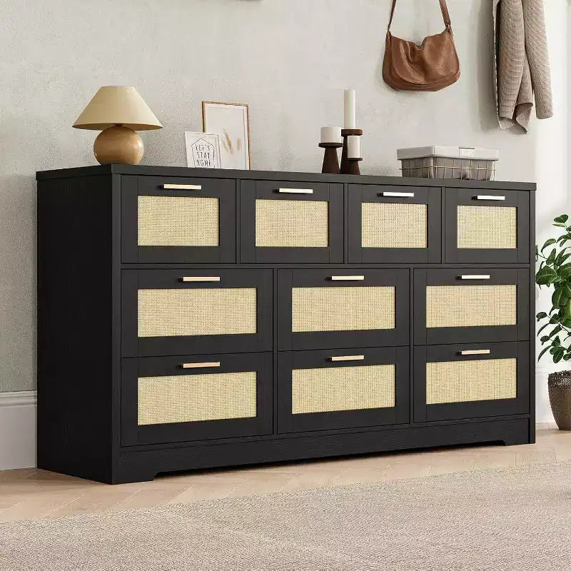 Commode Acekool en rotin à 10 tiroirs, commode de style ferme moderne de 150 cm de large, organisateur de rangement pour chambre, salon, entrée
