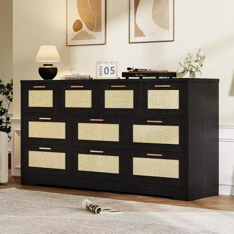 Commode Acekool en rotin à 10 tiroirs, commode de style ferme moderne de 150 cm de large, organisateur de rangement pour chambre, salon, entrée