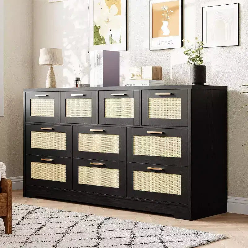 Acekool Rattan 10 Drawer Dresser, 59 Wide Modern Farmhouse Chest, Storage Cabinet Organizer for Bedroom, Living Room, Entryway
