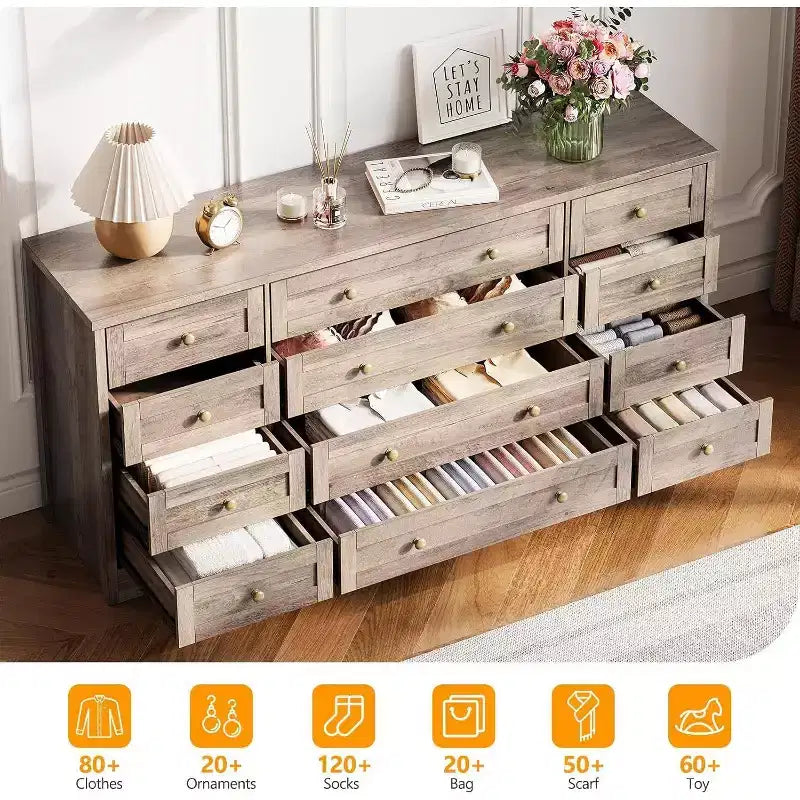 Commode Acekool à 12 tiroirs, large commode moderne et meuble TV pour téléviseur de 65 pouces, organisateur de rangement pour chambre, salon, couloir