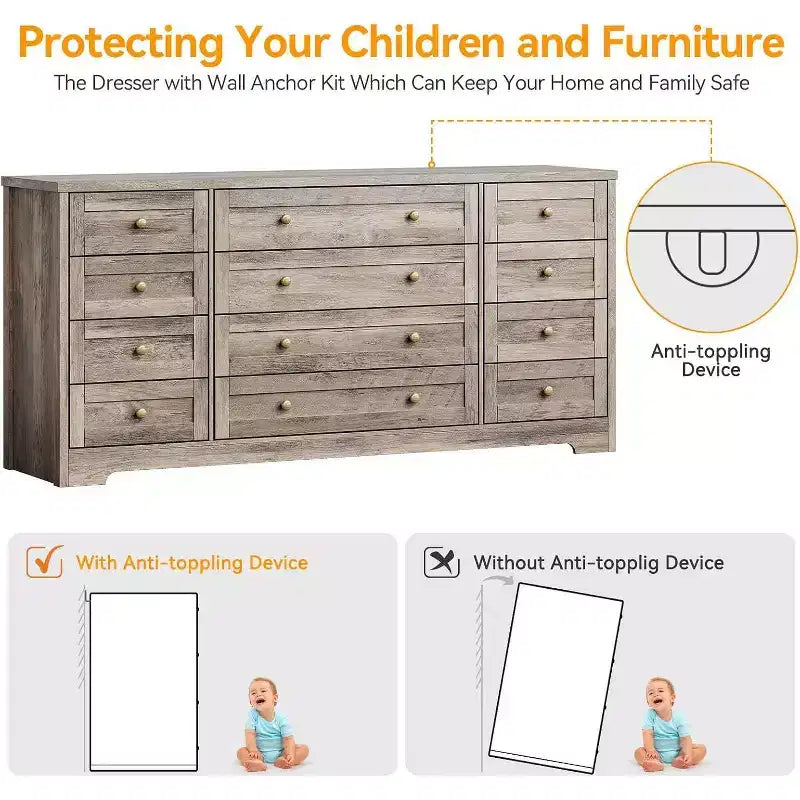 Commode Acekool à 12 tiroirs, large commode moderne et meuble TV pour téléviseur de 65 pouces, organisateur de rangement pour chambre, salon, couloir