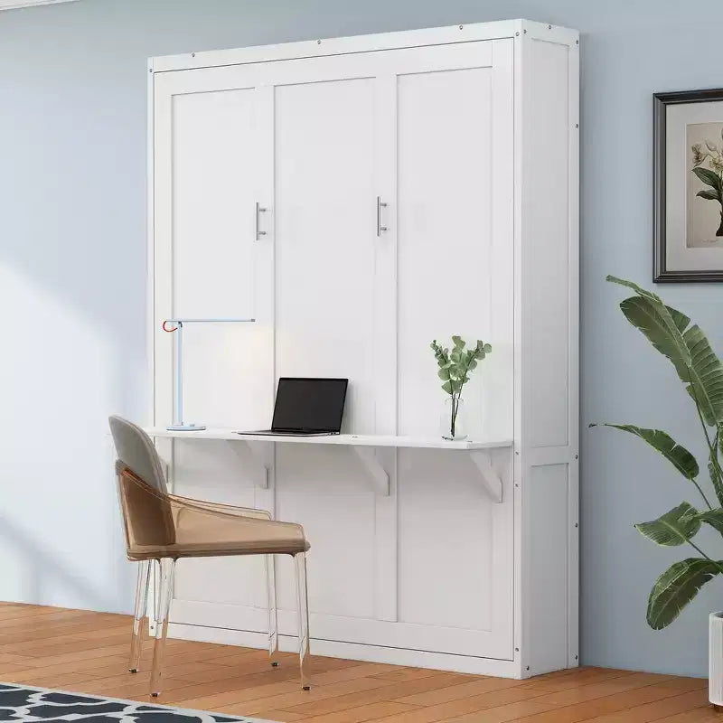 Whisen Full Size Murphy Bed Frame & 61.5 Cabinet Bed Folding Wall Bed with Desk Combo