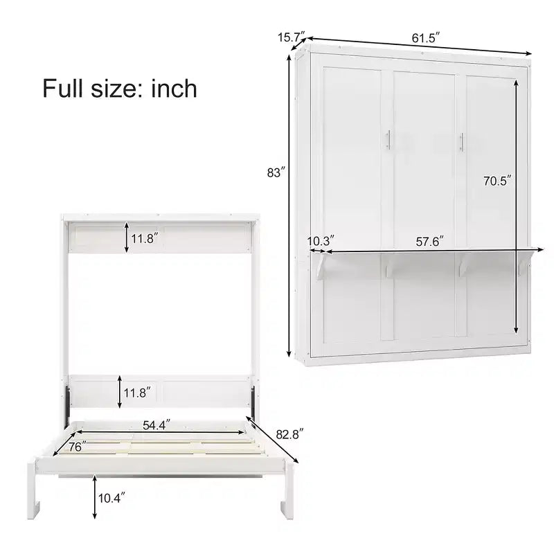 Cadre de lit escamotable pleine grandeur Whisen et lit mural pliant avec armoire de 61,5 po et bureau combiné