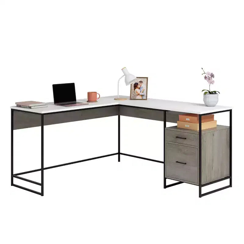 GDFStudio Rowan 59 Wood and Metal L-Shaped Office Desk with File Storage Drawer