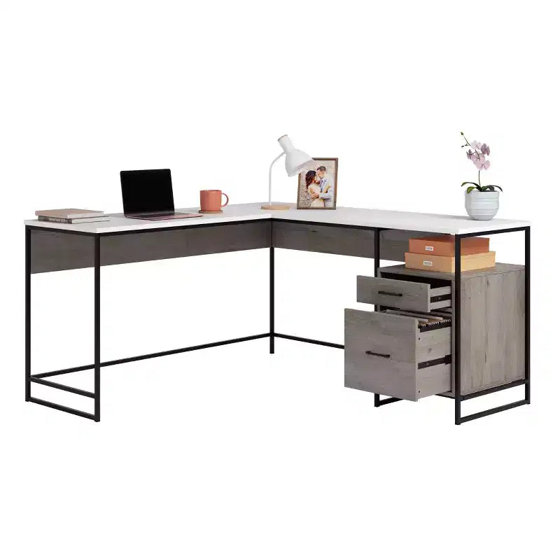 GDFStudio Rowan, bureau d'angle de 150 cm en bois et métal, avec tiroir de classement