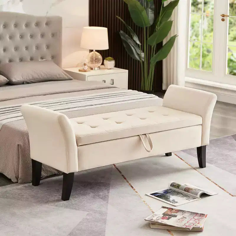51.5'' Upholstered Storage Ottoman Bench With Arms Tufted Bed Bench Entryway Bench With Storage Velvet End Of Bed Bench, Beige