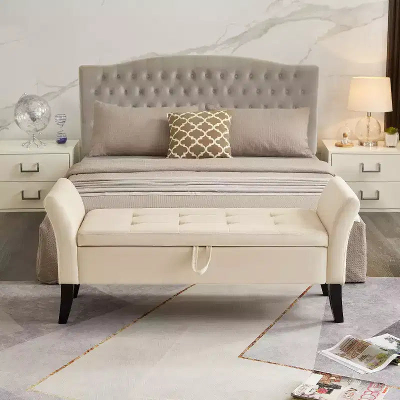 Banc de rangement ottoman rembourré de 130 cm avec accoudoirs, banc de lit capitonné, banc d'entrée avec rangement, banc de lit en velours, beige