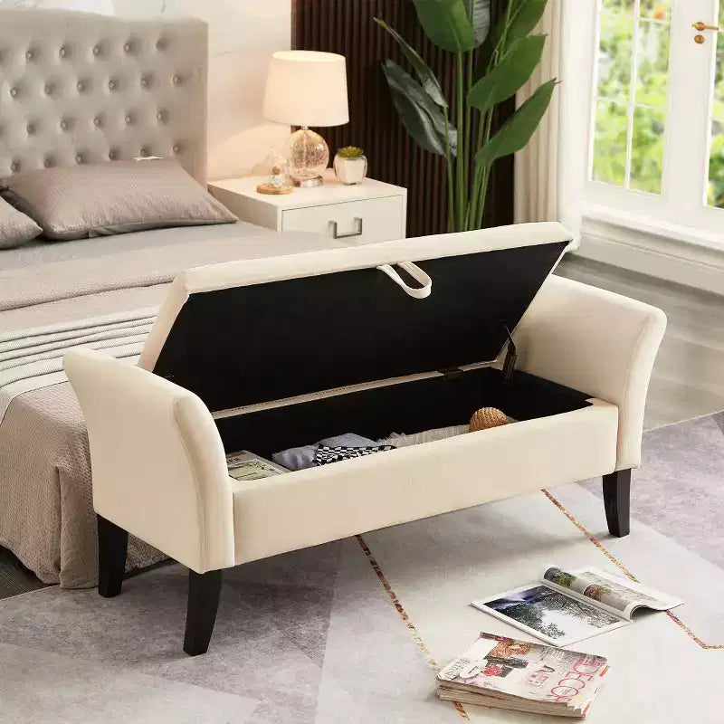 Banc de rangement ottoman rembourré de 130 cm avec accoudoirs, banc de lit capitonné, banc d'entrée avec rangement, banc de lit en velours, beige