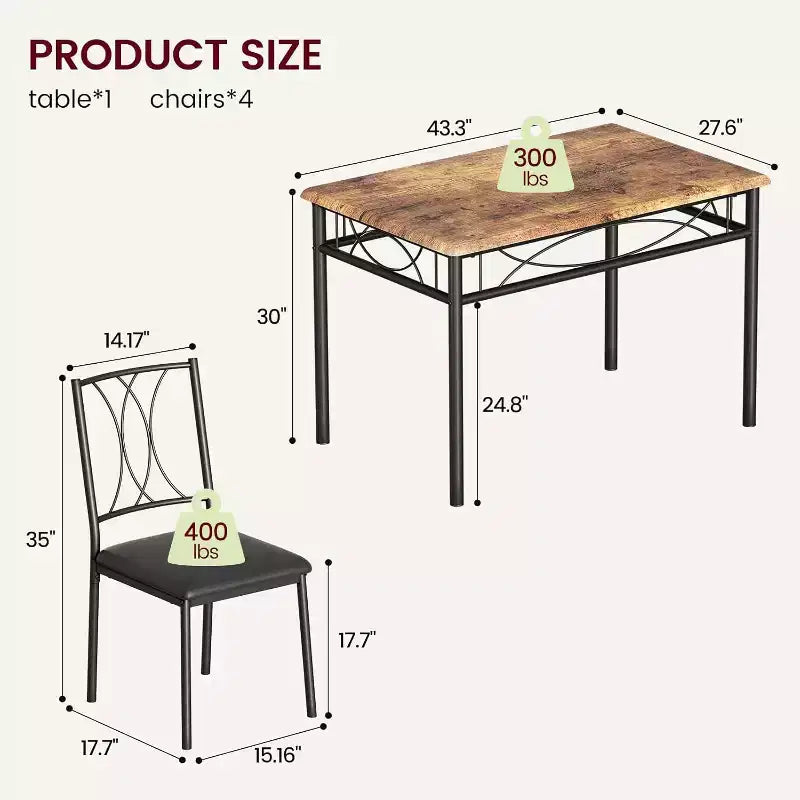 Ensemble de salle à manger en bois de ferme pour 4 personnes, table de cuisine rectangulaire avec 4 chaises, ensemble de 5 pièces petite table et chaises