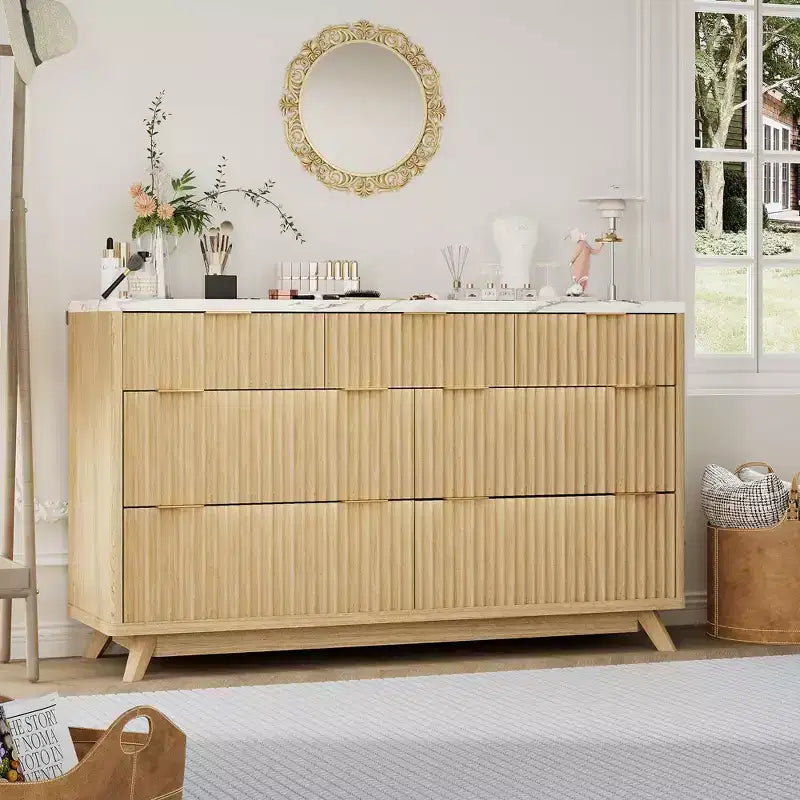 Fluted 7 Drawers Dresser, 54 Wide Modern Chest of Drawers, Curved Profile Design, Large Storage Cabinet Organizer for Bedroom, Living Room, Hallway