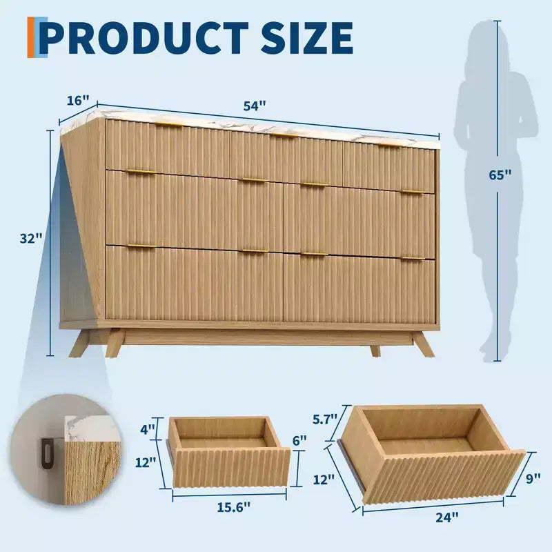 Commode 7 tiroirs cannelée, 137 cm de large, design moderne à profil incurvé, grand meuble de rangement pour chambre, salon, couloir