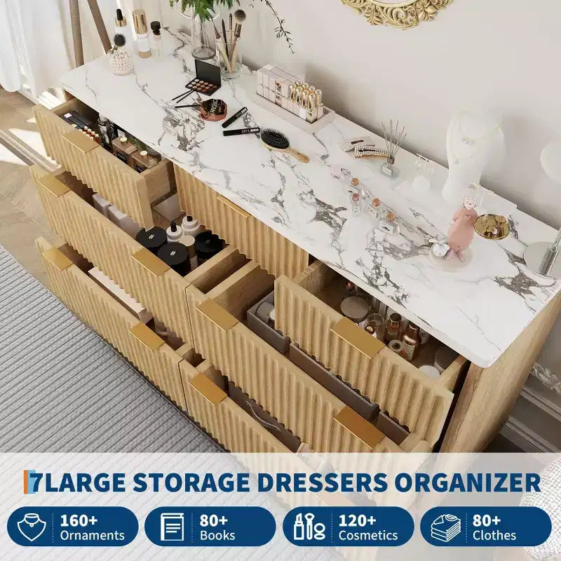 Commode 7 tiroirs cannelée, 137 cm de large, design moderne à profil incurvé, grand meuble de rangement pour chambre, salon, couloir