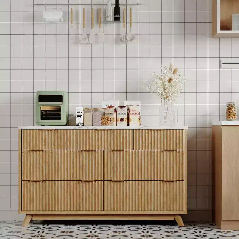 Commode 7 tiroirs cannelée, 137 cm de large, design moderne à profil incurvé, grand meuble de rangement pour chambre, salon, couloir