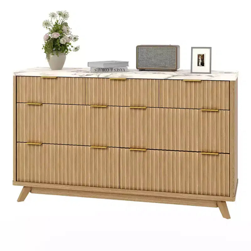 Commode 7 tiroirs cannelée, 137 cm de large, design moderne à profil incurvé, grand meuble de rangement pour chambre, salon, couloir