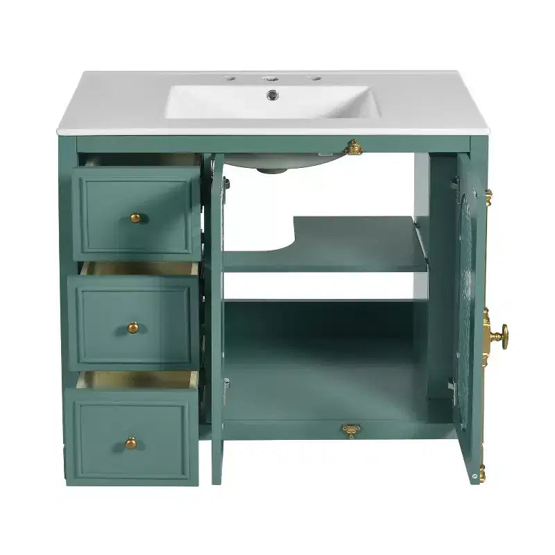 Meuble-lavabo de salle de bain 36 po avec rangement, armoire de plancher de salle de bain en bois avec tiroirs et portes à fermeture amortie,