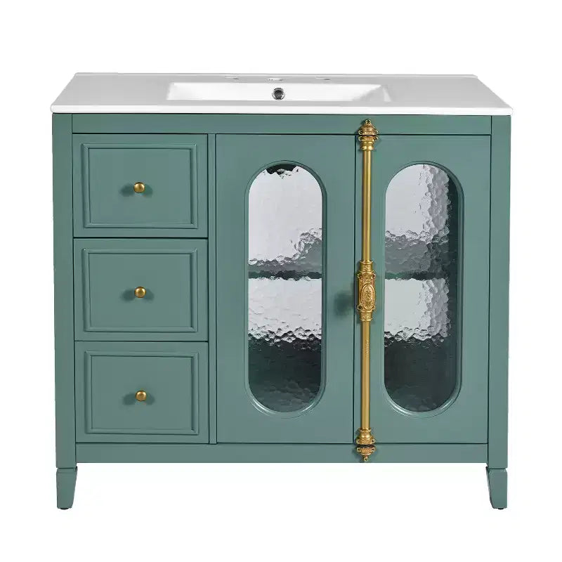 Meuble-lavabo de salle de bain 36 po avec rangement, armoire de plancher de salle de bain en bois avec tiroirs et portes à fermeture amortie,