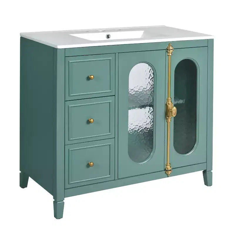 Meuble-lavabo de salle de bain 36 po avec rangement, armoire de plancher de salle de bain en bois avec tiroirs et portes à fermeture amortie,