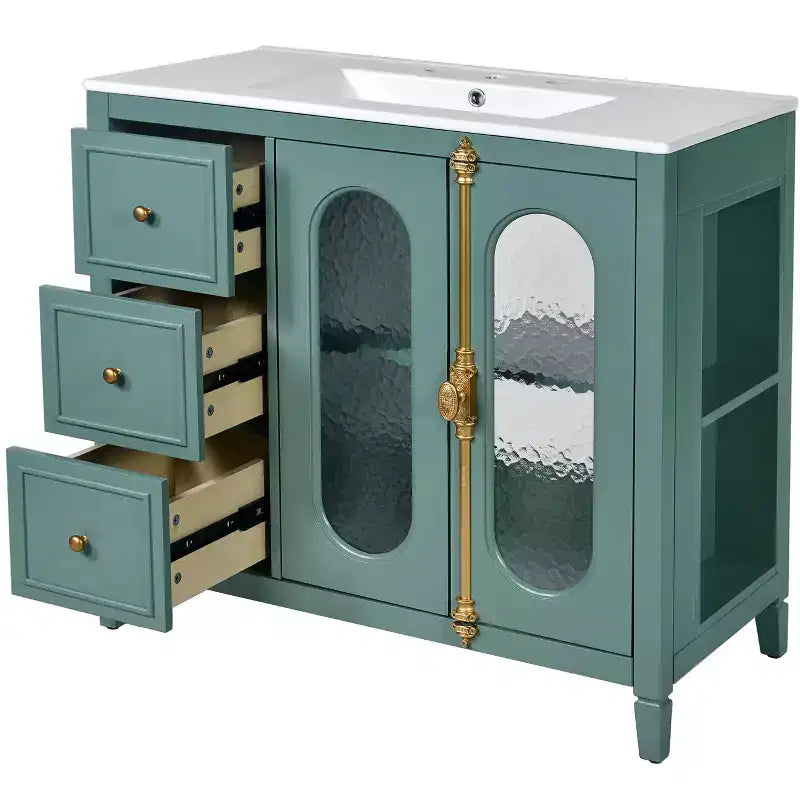 Meuble-lavabo de salle de bain 36 po avec rangement, armoire de plancher de salle de bain en bois avec tiroirs et portes à fermeture amortie,