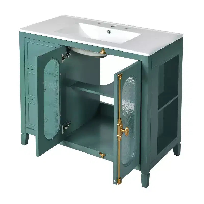 Meuble-lavabo de salle de bain 36 po avec rangement, armoire de plancher de salle de bain en bois avec tiroirs et portes à fermeture amortie,