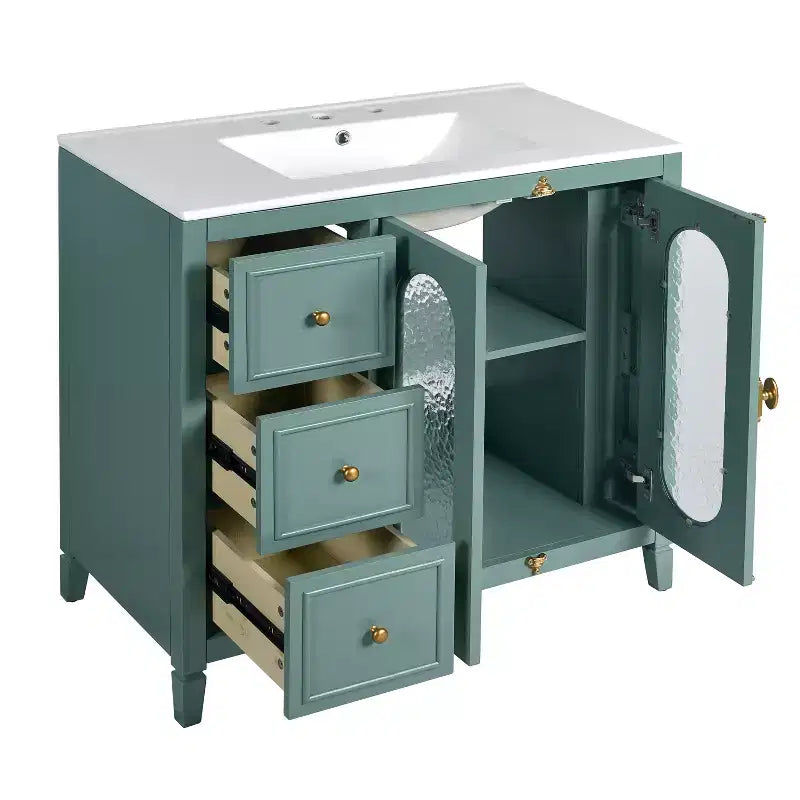 Meuble-lavabo de salle de bain 36 po avec rangement, armoire de plancher de salle de bain en bois avec tiroirs et portes à fermeture amortie,