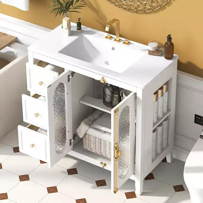 Meuble-lavabo de salle de bain 36 po avec rangement, armoire de plancher de salle de bain en bois avec tiroirs et portes à fermeture amortie,