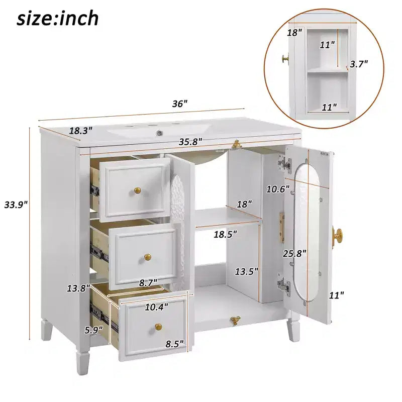Meuble-lavabo de salle de bain 36 po avec rangement, armoire de plancher de salle de bain en bois avec tiroirs et portes à fermeture amortie,