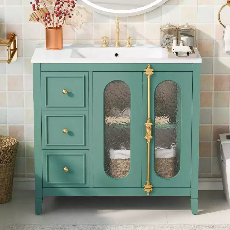 Meuble-lavabo de salle de bain 36 po avec rangement, armoire de plancher de salle de bain en bois avec tiroirs et portes à fermeture amortie,