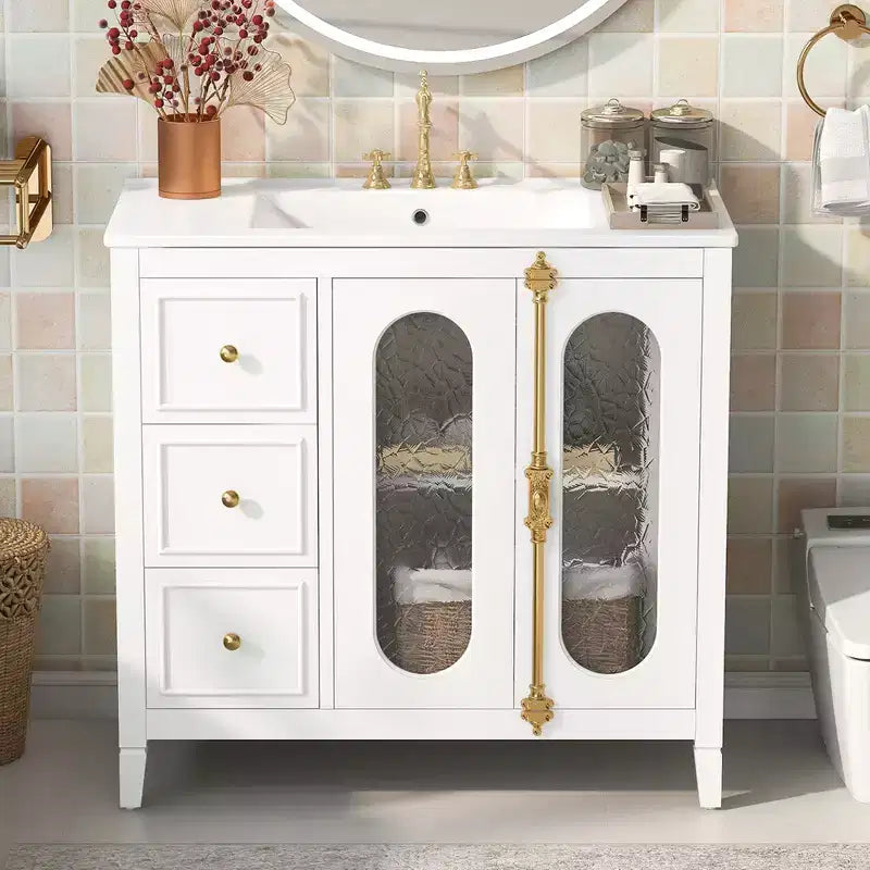Meuble-lavabo de salle de bain 36 po avec rangement, armoire de plancher de salle de bain en bois avec tiroirs et portes à fermeture amortie,