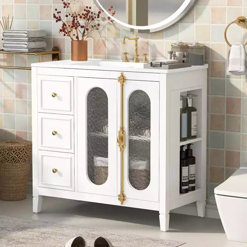 Meuble-lavabo de salle de bain 36 po avec rangement, armoire de plancher de salle de bain en bois avec tiroirs et portes à fermeture amortie,