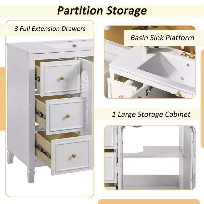 Meuble-lavabo de salle de bain 36 po avec rangement, armoire de plancher de salle de bain en bois avec tiroirs et portes à fermeture amortie,