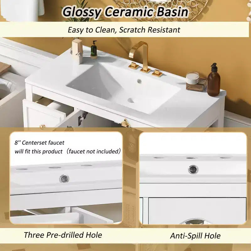 Meuble-lavabo de salle de bain 36 po avec rangement, armoire de plancher de salle de bain en bois avec tiroirs et portes à fermeture amortie,